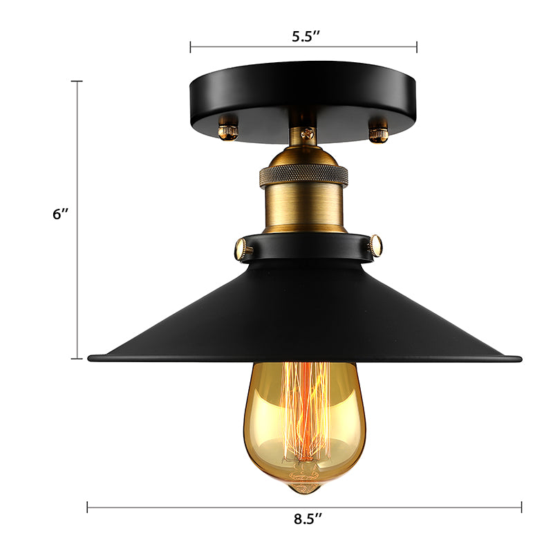Zwart/Roest Cone Schaduw Semi Flush Mount Retro Stijlvol Metallic 1 Hoofd Balkon Dicht bij plafondverlichting