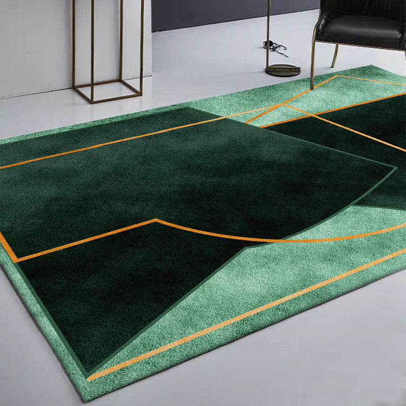 Green Bedroom Rug Modern Color Block Geometry Line Pattern Area Rug Polyester Stain-Resistant Carpet