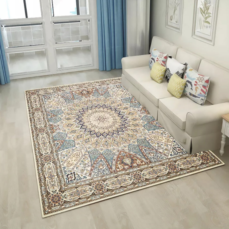 Brown Bedroom Rug Moroccan Medallion Pattern Area Rug Polyester Anti-Slip Machine Washable Carpet