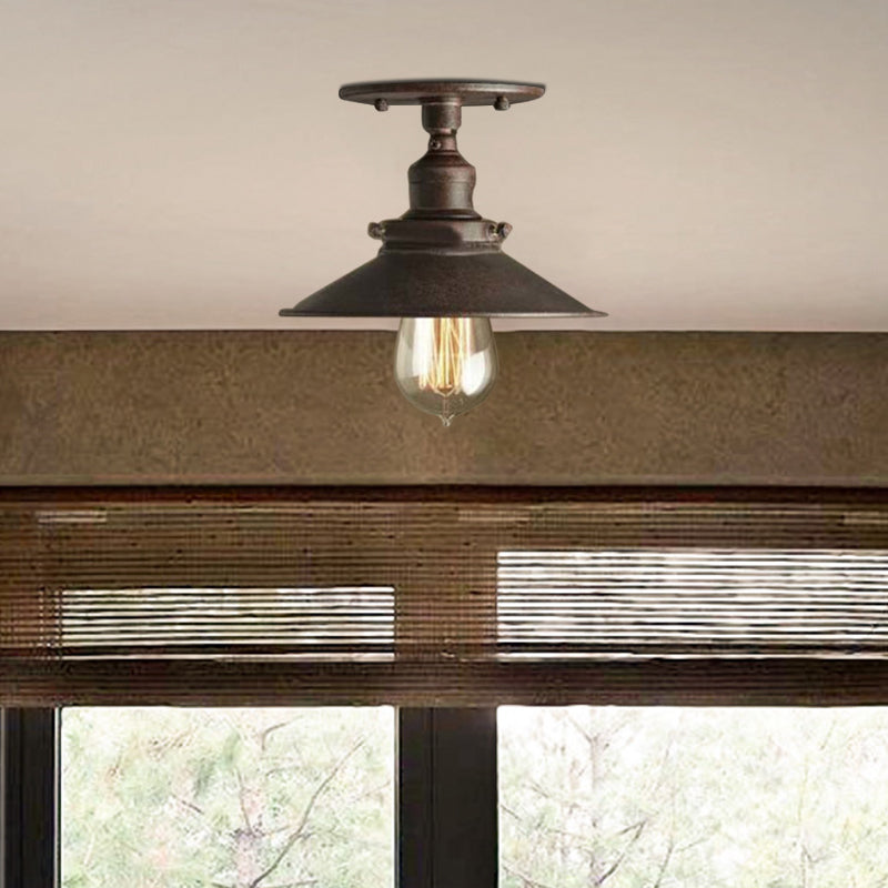 Zwart/Roest Cone Schaduw Semi Flush Mount Retro Stijlvol Metallic 1 Hoofd Balkon Dicht bij plafondverlichting
