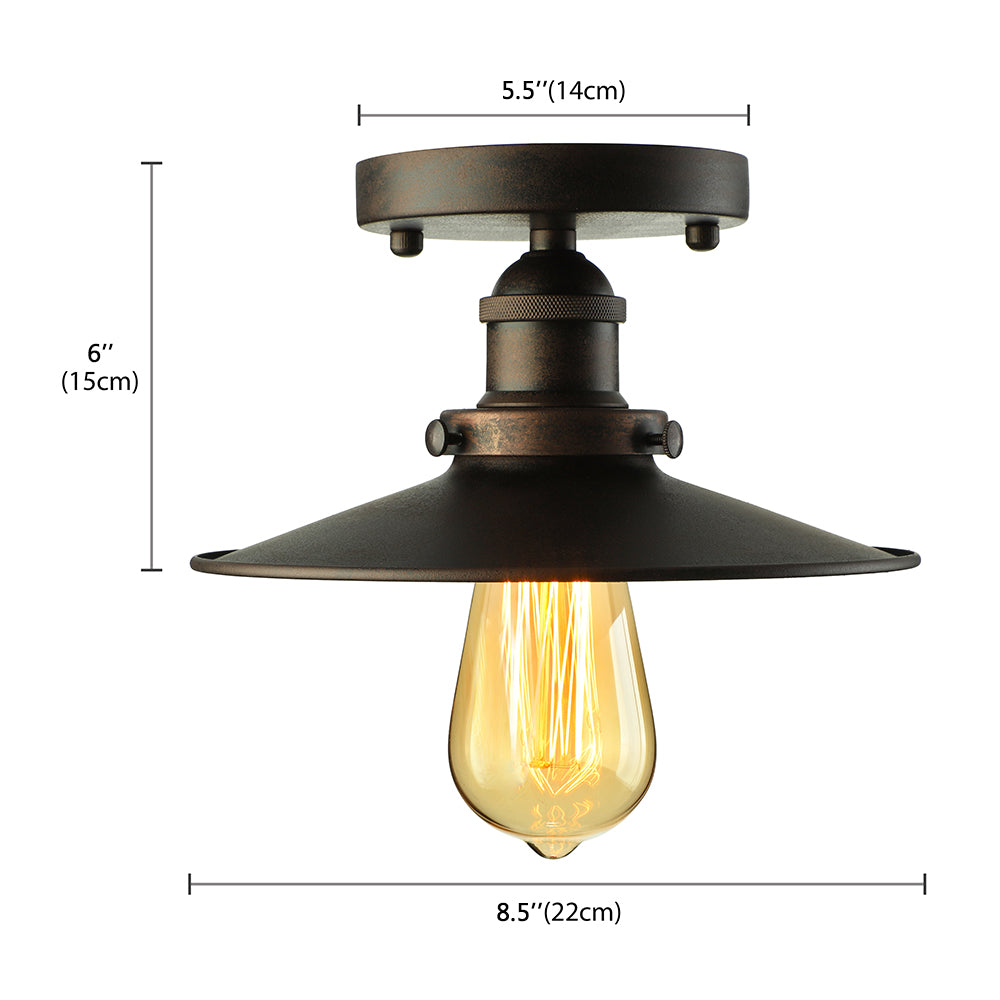 Zwart/Roest Cone Schaduw Semi Flush Mount Retro Stijlvol Metallic 1 Hoofd Balkon Dicht bij plafondverlichting