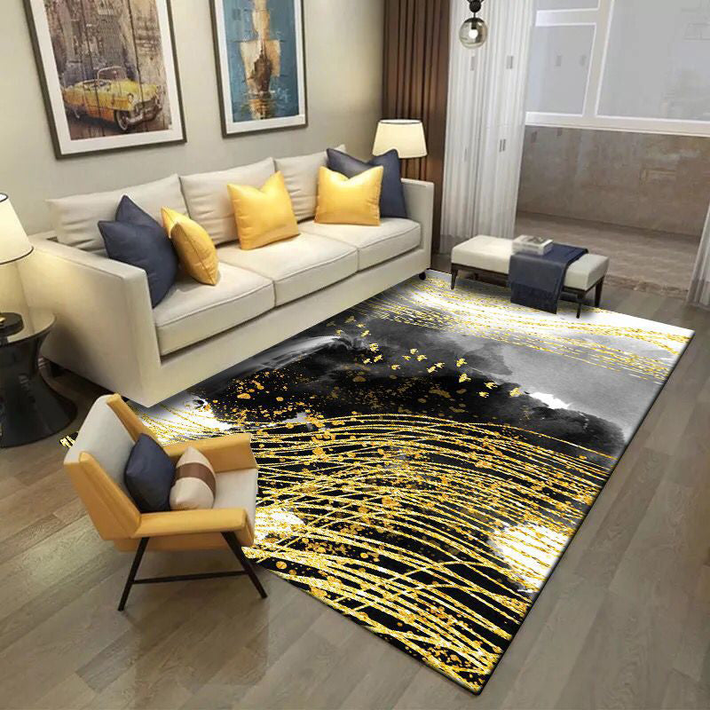 Modern Living Room Rug in Black and Yellow Abstract Waterfall Bird Line Print Rug Polyester Washable Area Rug
