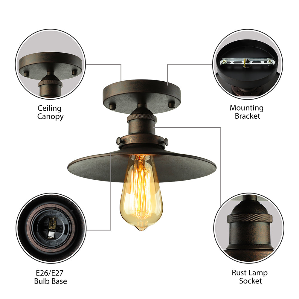 Zwart/Roest Cone Schaduw Semi Flush Mount Retro Stijlvol Metallic 1 Hoofd Balkon Dicht bij plafondverlichting