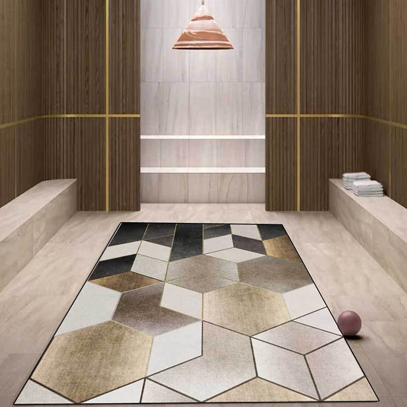 Brown and Black Bedroom Rug Modern Geometry Hexagon Triangle Pattern Area Rug Polyester Washable Carpet