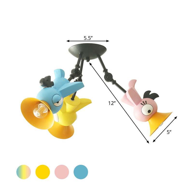 Cartoon Bird Figura Posting Iluminación Metal contemporánea 3 Pink/azul/azul/amarillo Luz de techo colgante para niños Rala