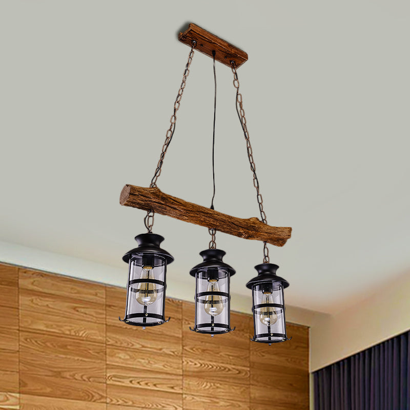 Brown 2/3-Bulb Island Lighting Ideas Nautical Clear Glass Cylinder Cluster Pendant with Wood Design