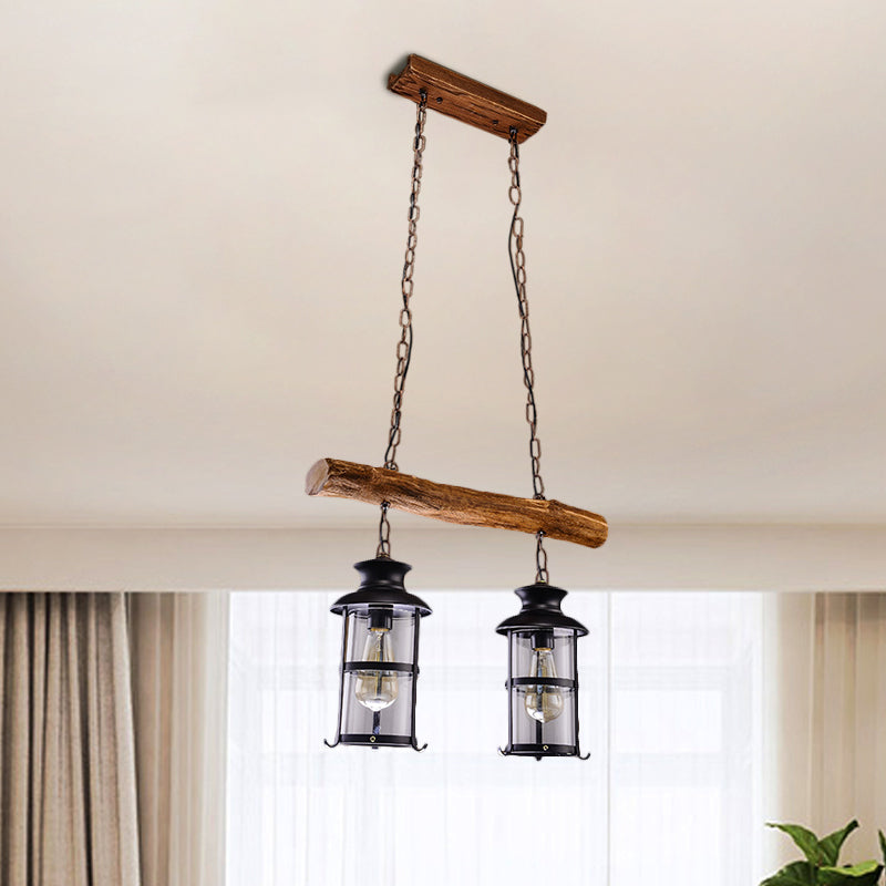 Brown 2/3-Bulb Island Lighting Ideas Nautical Clear Glass Cylinder Cluster Pendant with Wood Design