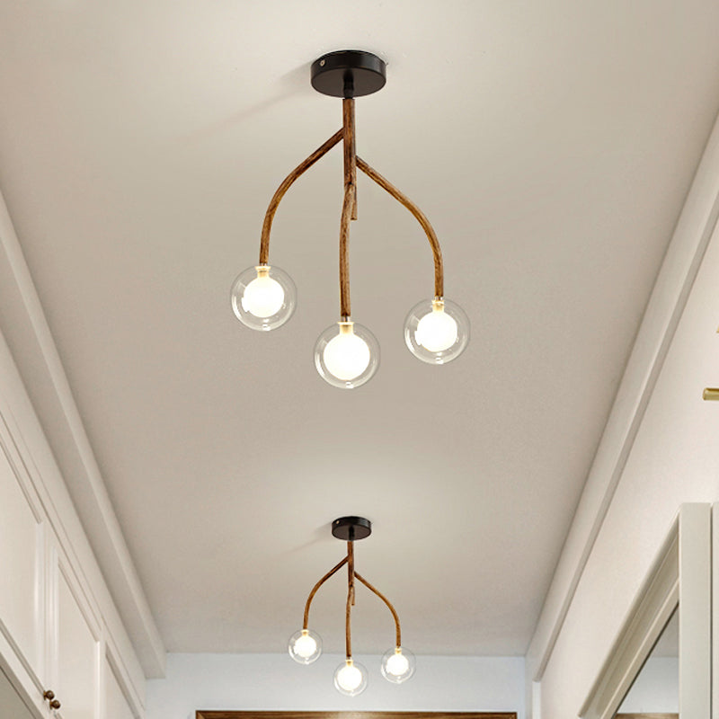 Brown en verre transparent semi-flush modo 3 têtes luminaire à chasse d'eau vintage avec conception de branche