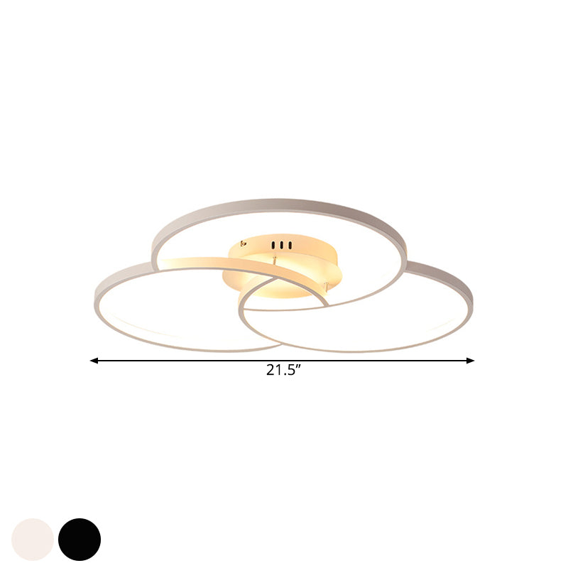 Intersecting Ring Semi-Flush Mount Modern Metal Black/White LED Ceiling Fixture in Warm/White Light, 21.5"/30" Width