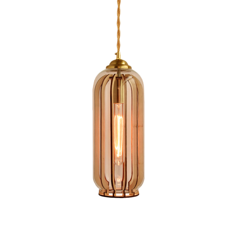 Capsule/Dome Dining Room Hanging Lamp Industrial Amber Glass Single Bulb Gold Suspension Light with Stranded Rope