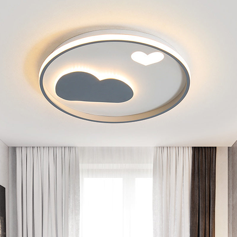 Round Flush Light Fixture Contemporary Metallic Black/White LED Ceiling Mounted Light with Cloud and Heart Pattern in Warm/White Light