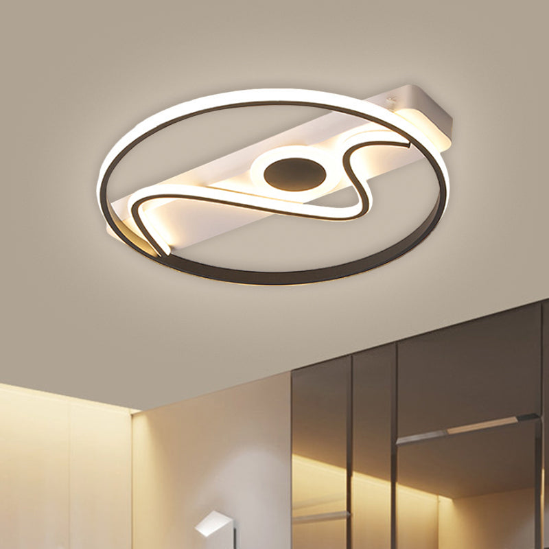 Round and Curved Ceiling Lighting Modernist Metallic 16"/19.5"/23.5" Wide LED Black Flush Mount Lamp, Warm/White Light