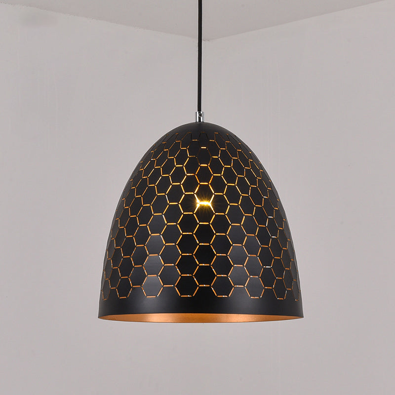 1 Bulb Domed Drop Pendant Factory Black Metal Suspension Light with Honeycomb Pattern, 10"/12"/16" Wide