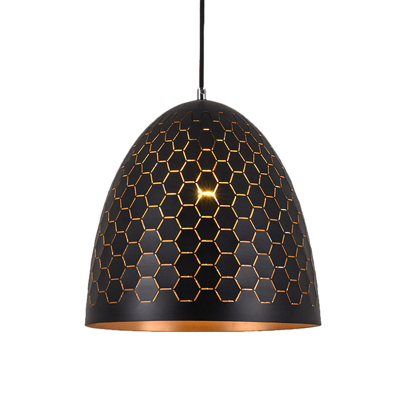 1 Bulb Domed Drop Pendant Factory Black Metal Suspension Light with Honeycomb Pattern, 10"/12"/16" Wide