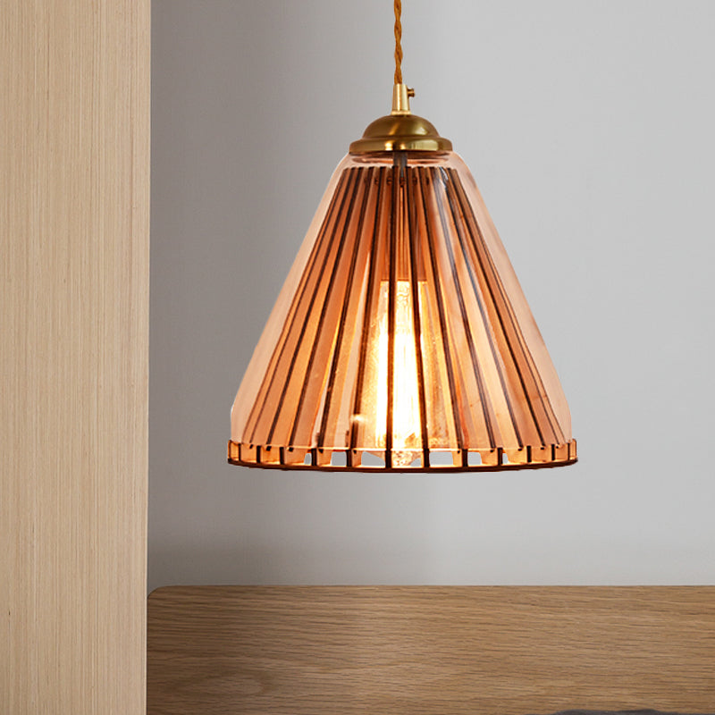 Gold Single Light Pendulum Lamp boerderij Amber Glass Kegel/vat gestrand touw naar beneden verlichting hanger
