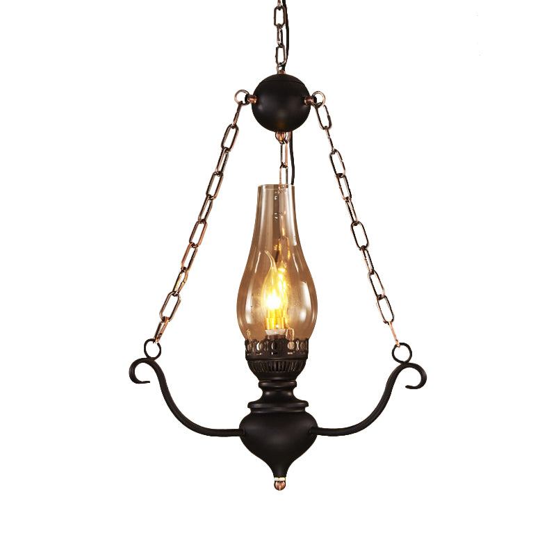 1-Head Ceiling Light Farmhouse Elongated Clear Glass Pendant Lamp Kit with Chain Decor in Black
