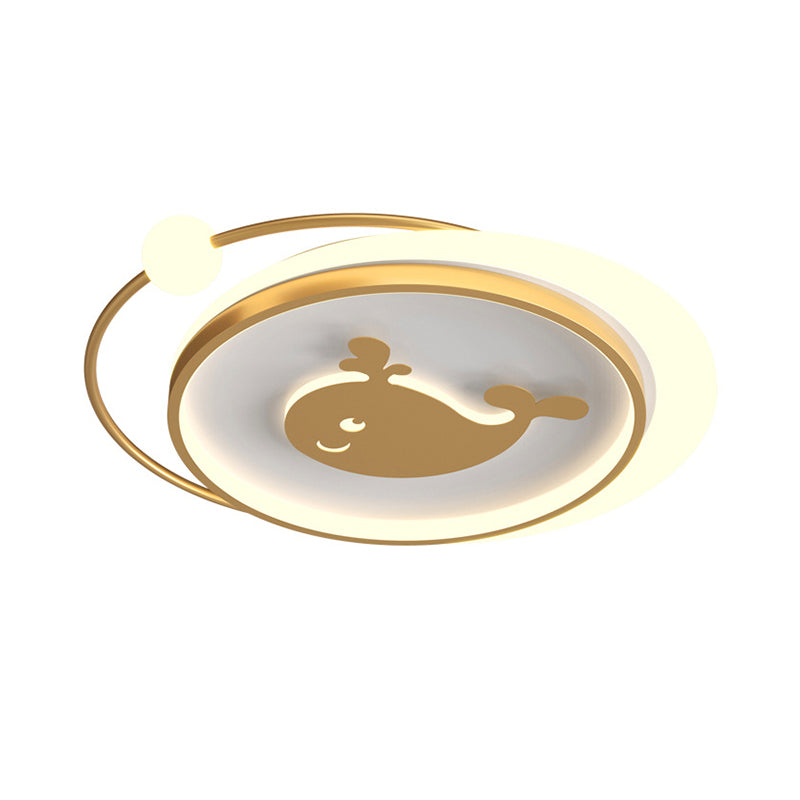 Circular Children Room Ceiling Mounted Fixture Metallic LED Flush Mount Lamp in Gold with Plane/Heart/Dolphin Pattern