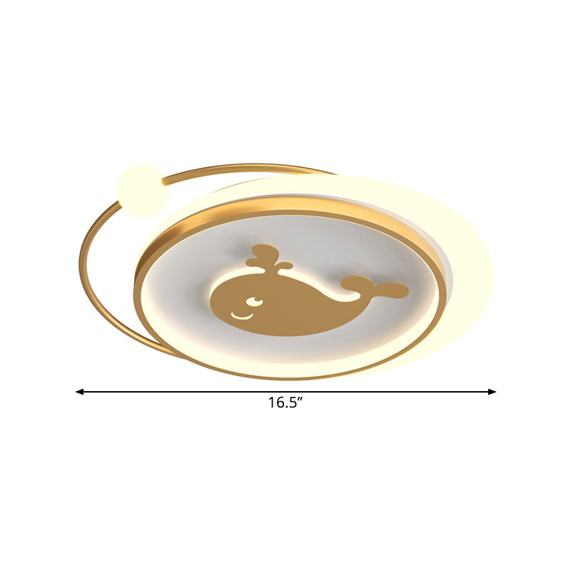 Circular Children Room Ceiling Mounted Fixture Metallic LED Flush Mount Lamp in Gold with Plane/Heart/Dolphin Pattern