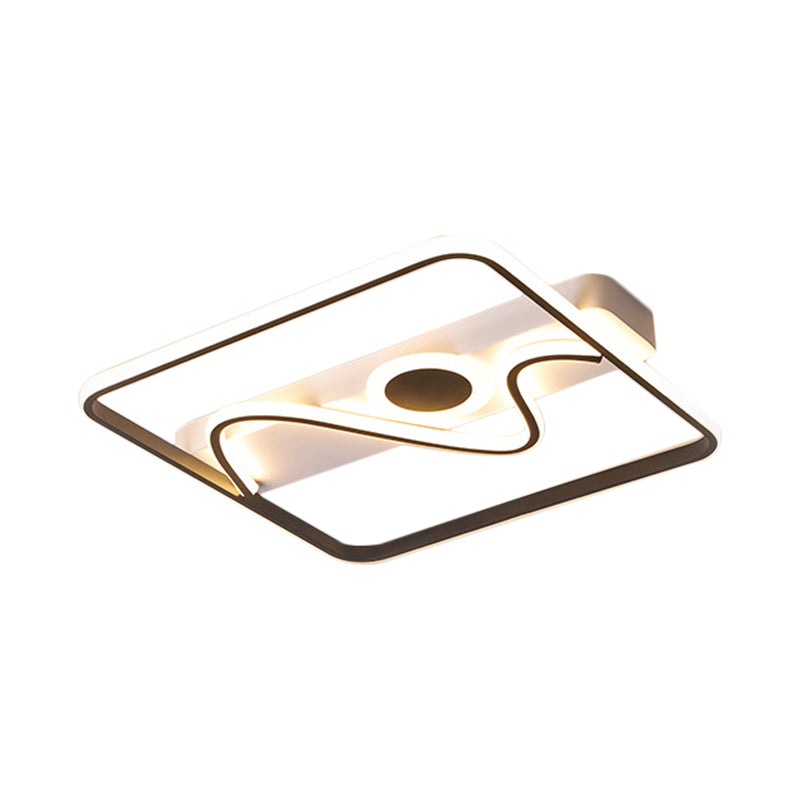 Black Square Frame Ceiling Flush Contemporary 16"/19.5"/23.5" W LED Metal Flush Mount Fixture with Curved Line and Circle Decor, Warm/White Light