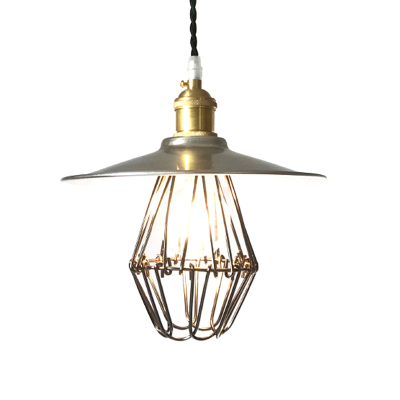 Industrial Saucer-Like Drop Pendant Single Light Metal Caged Design Hanging Ceiling Lamp in Nickel, 9"/14" Width