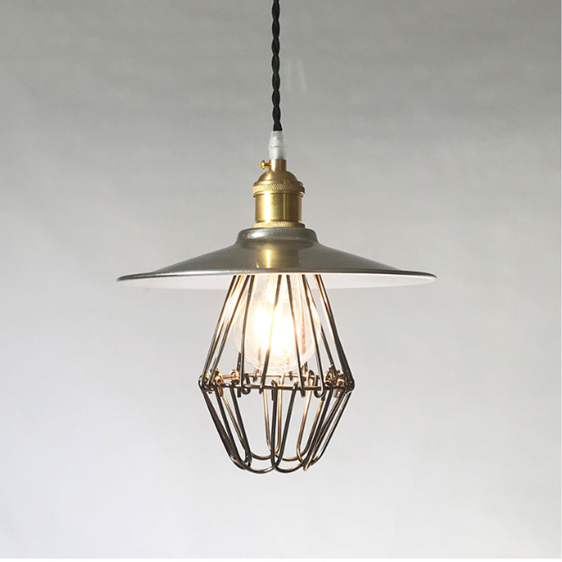 Industrial Saucer-Like Drop Pendant Single Light Metal Caged Design Hanging Ceiling Lamp in Nickel, 9"/14" Width