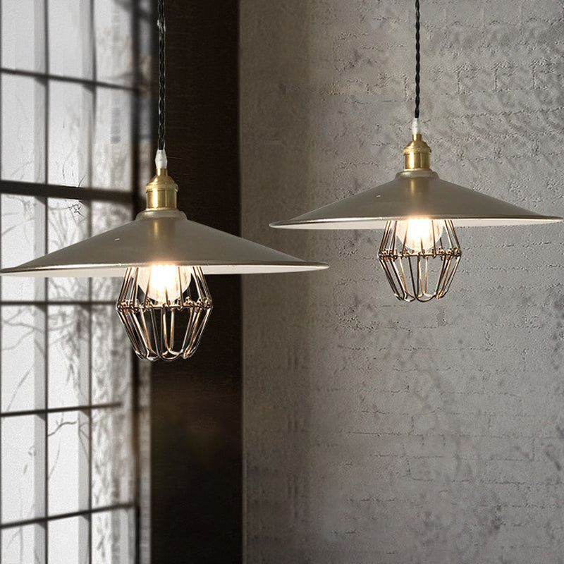 Industrial Saucer-Like Drop Pendant Single Light Metal Caged Design Hanging Ceiling Lamp in Nickel, 9"/14" Width