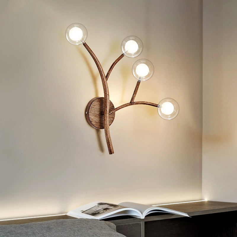 Wooden Brown Wall Mount Light Twig 3/4 Heads Farmhouse Wall Sconce Lighting with Bubble Clear Glass Shade