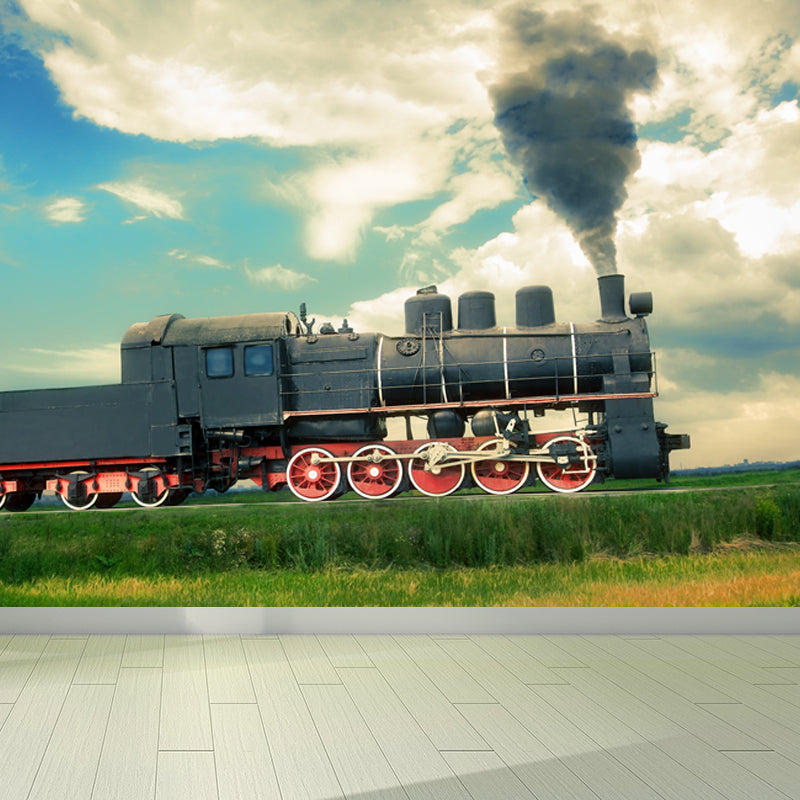 Non-Woven Texture Decorative Mural Decal Steampunk Onrushing Train Wall Covering