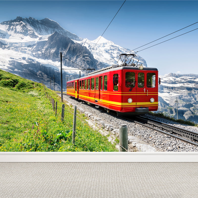 Onrushing Train Mural Decal Light Color Industrial Wall Covering for Living Room