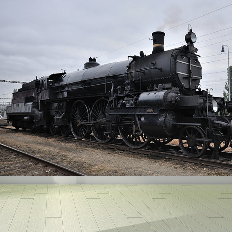 Train Printed Mural Decal Industrial Non-Woven Texture Wall Covering in Pastel Color