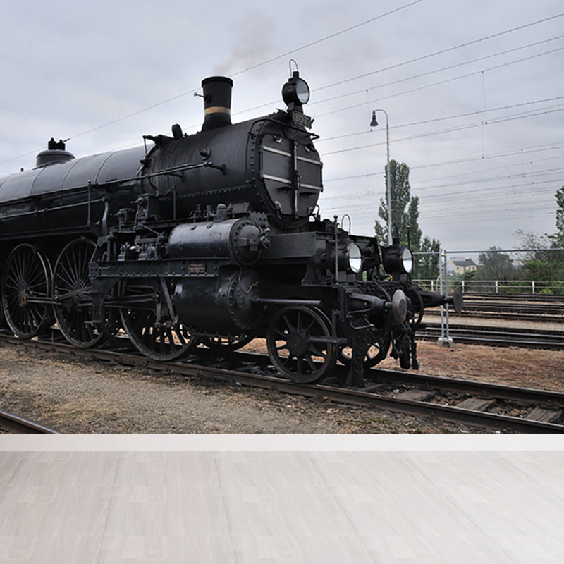 Train Printed Mural Decal Industrial Non-Woven Texture Wall Covering in Pastel Color