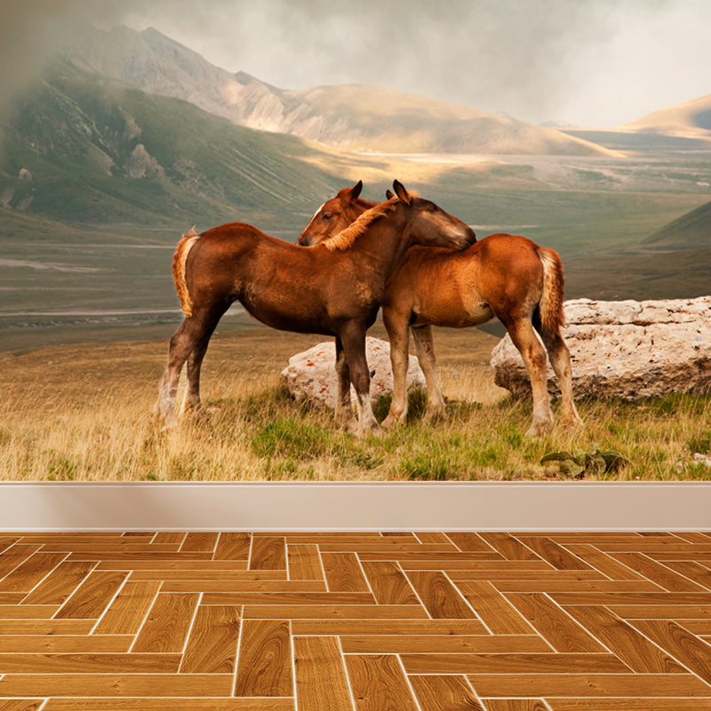 Horses Print Mural Decal Contemporary Non-Woven Texture Wall Art in Pastel Color