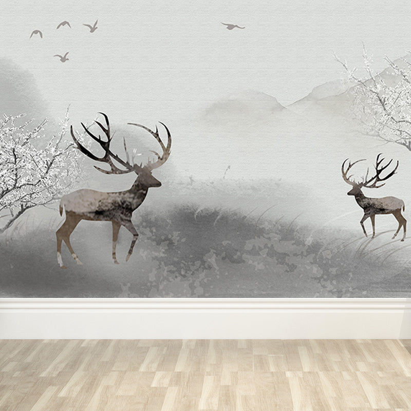 Peaceable Reindeer Mural Wallpaper Soft Color Modern Wall Covering for Living Room