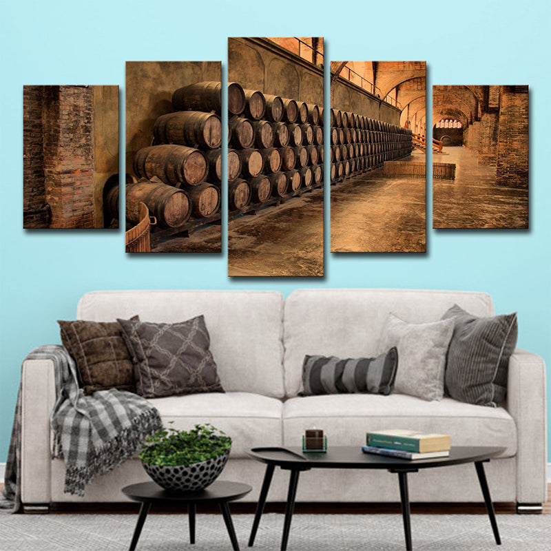 Modern Stacked Wine Barrels Art Print Brown Multi-Piece Wall Decoration for Kitchen