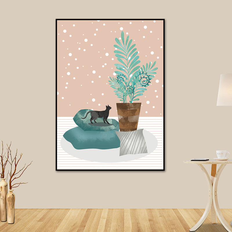 Impression d'art chat et plante en Pot, toile de couleur douce, décoration murale pour salon, Surface texturée