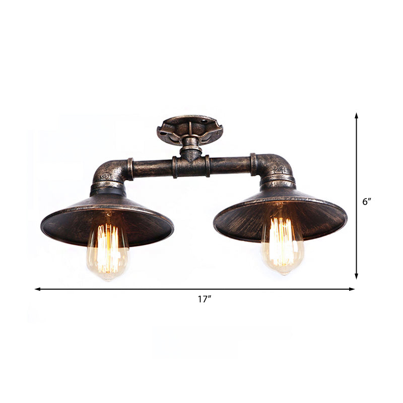 Platillo de hierro forjado, lámpara semiempotrada, estilo industrial, 2 luces, lámpara de montaje en techo para sala de estar, en bronce/plata envejecida