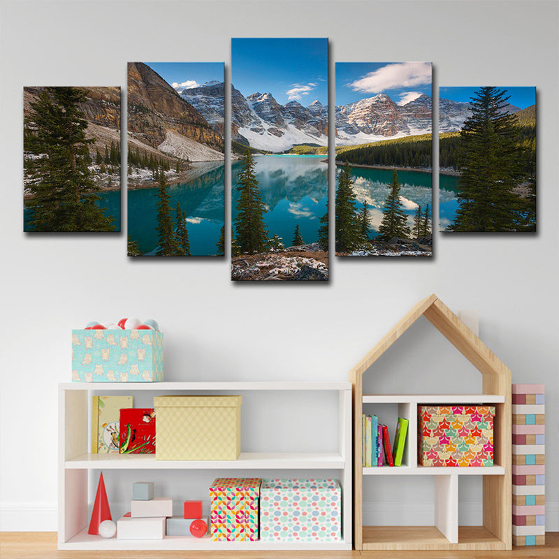 Modern Nature Landscape Wall Art Blue-Green Mountain and Lake Scenery Canvas Print