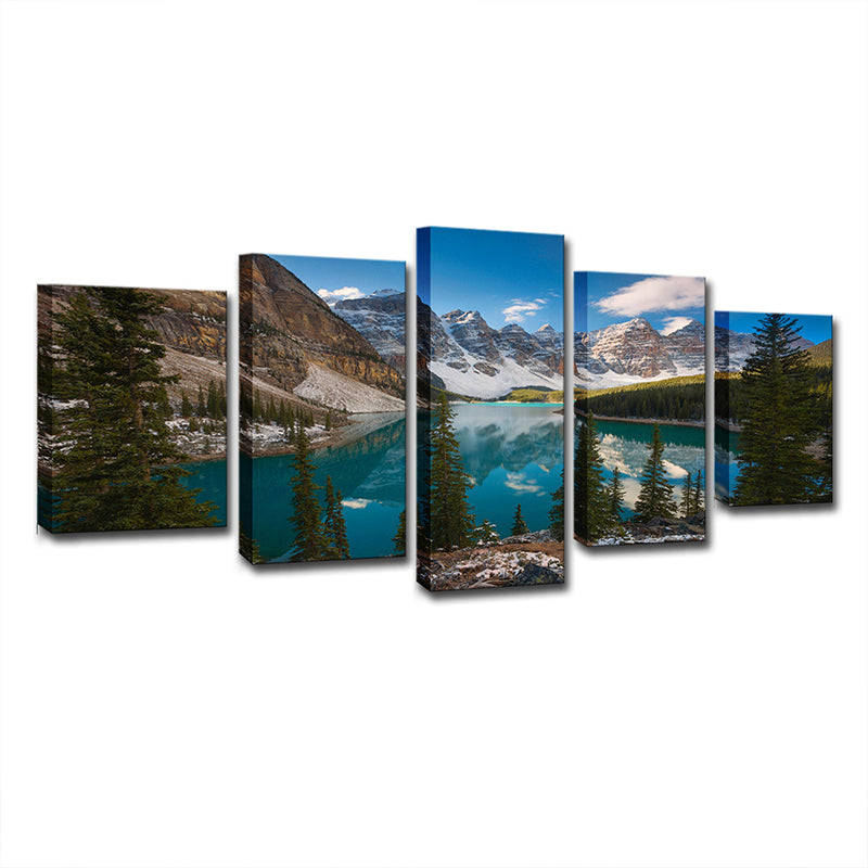 Modern Nature Landscape Wall Art Blue-Green Mountain and Lake Scenery Canvas Print