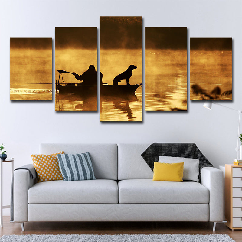 Fisherman and His Dog Canvas Print Brown Modern Style Wall Art Decor for Living Room
