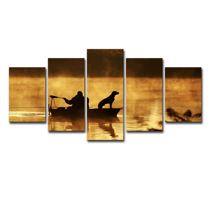 Fisherman and His Dog Canvas Print Brown Modern Style Wall Art Decor for Living Room