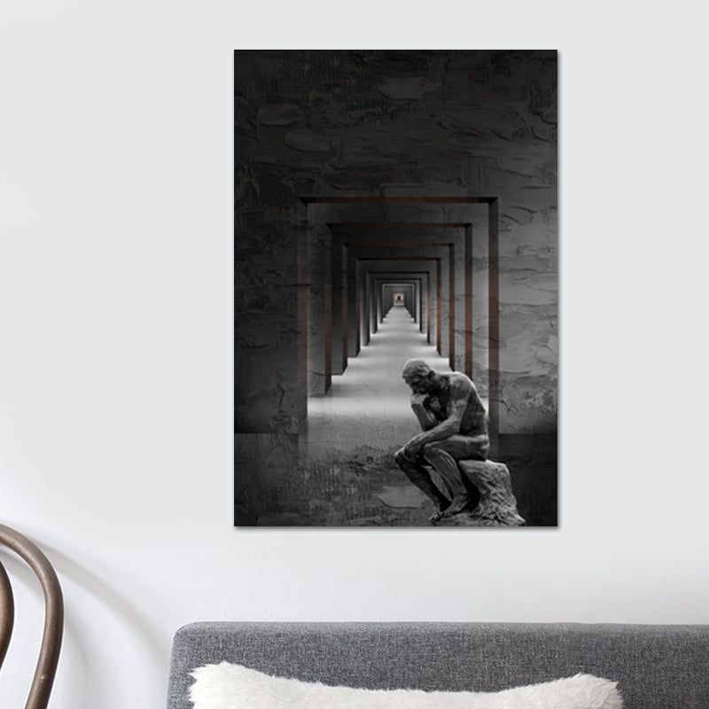 Grey Contemporary Canvas Wall Art Square Hallway and the Thinker Statue Wall Decor for Room