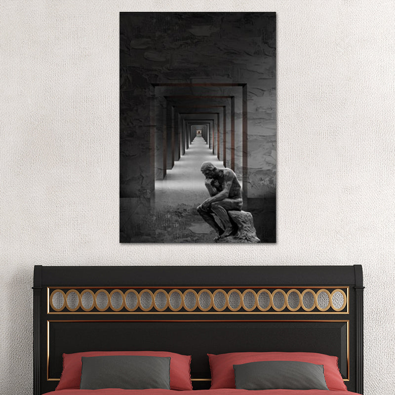 Grey Contemporary Canvas Wall Art Square Hallway and the Thinker Statue Wall Decor for Room