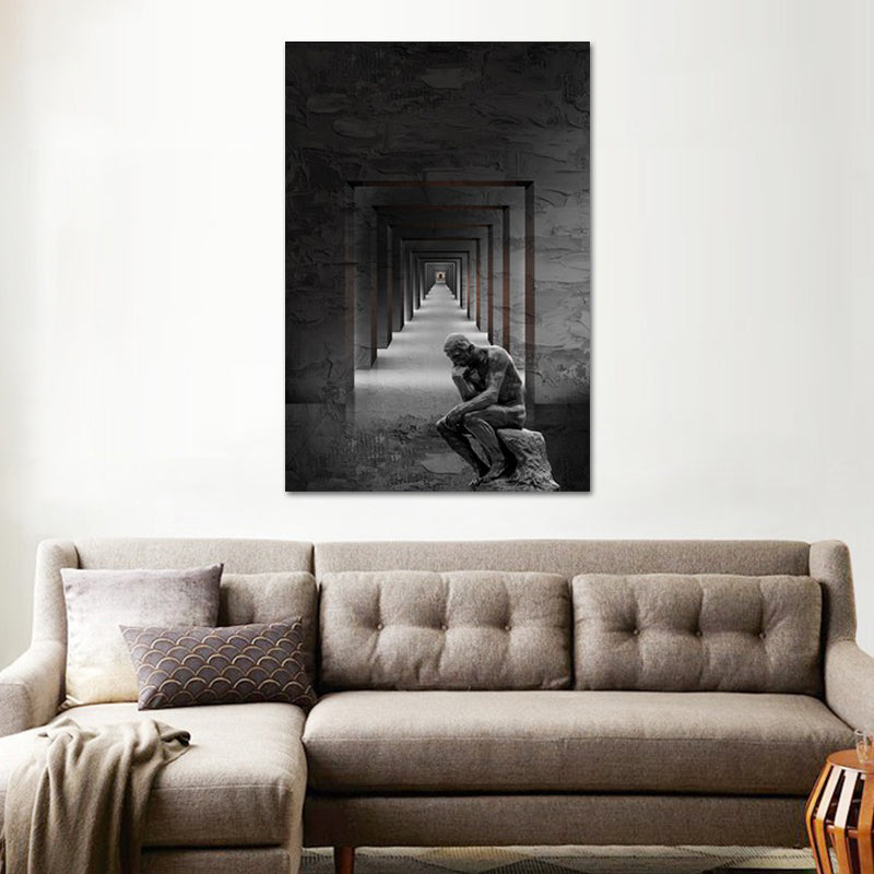 Grey Contemporary Canvas Wall Art Square Hallway and the Thinker Statue Wall Decor for Room