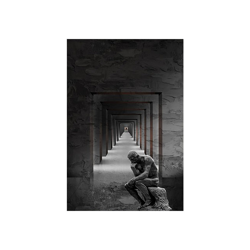 Grey Contemporary Canvas Wall Art Square Hallway and the Thinker Statue Wall Decor for Room