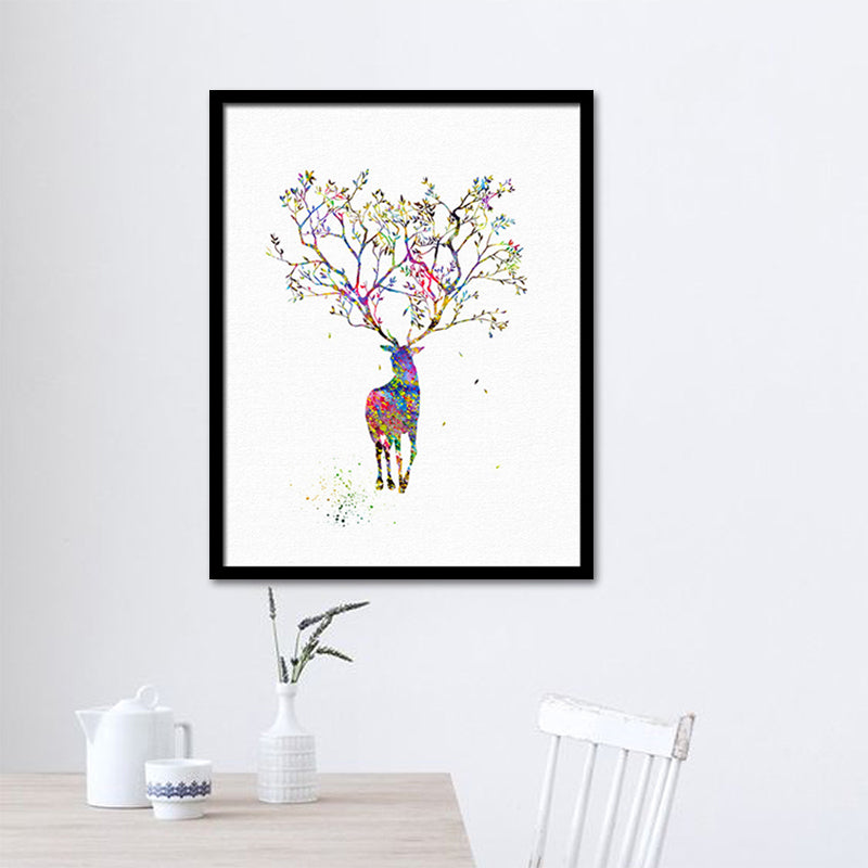 Watercolor Deer Painting Canvas Print Kids Textured Wall Art Decor in Purple on White