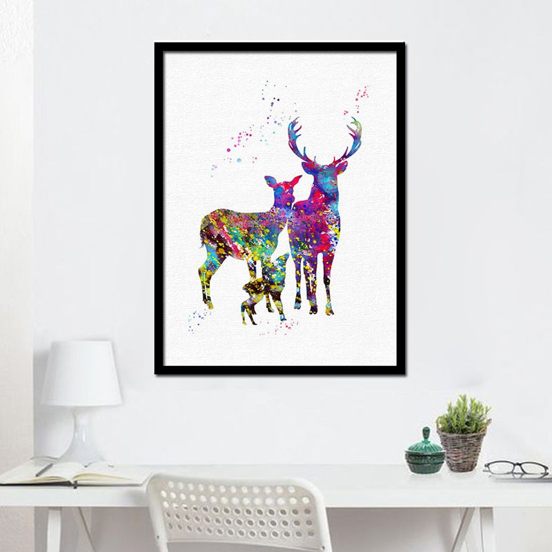 Watercolor Deer Painting Canvas Print Kids Textured Wall Art Decor in Purple on White