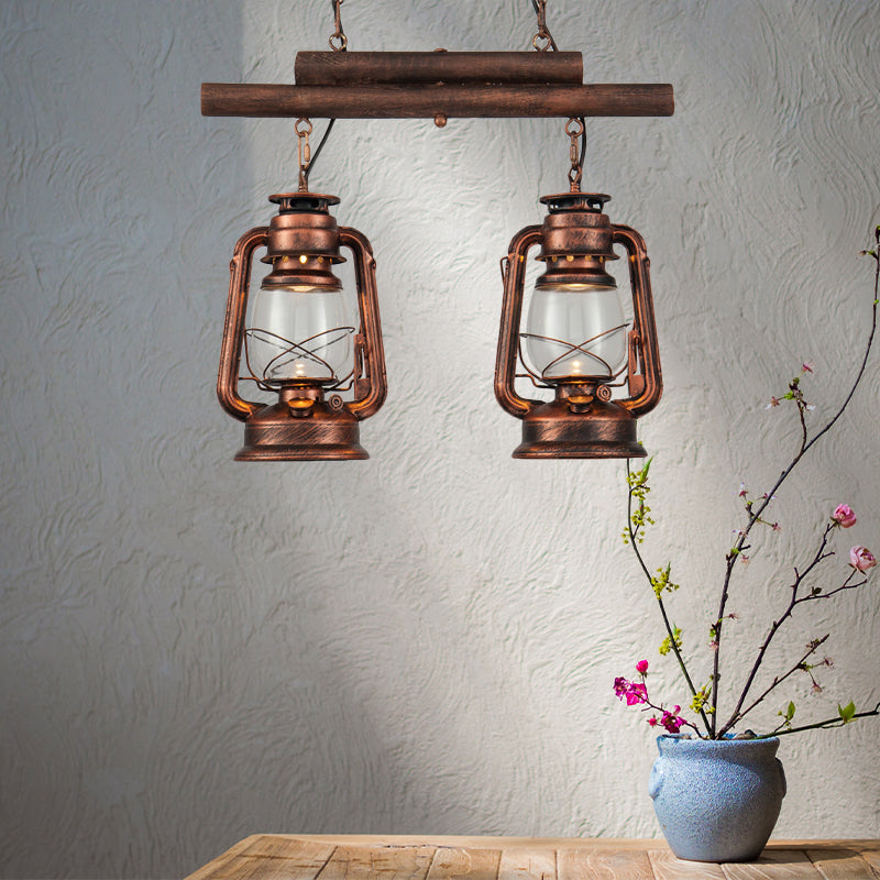 Bronze/Copper Lantern Island Light Fixture Coastal Clear Glass 2-Bulb Kitchen Hanging Lamp