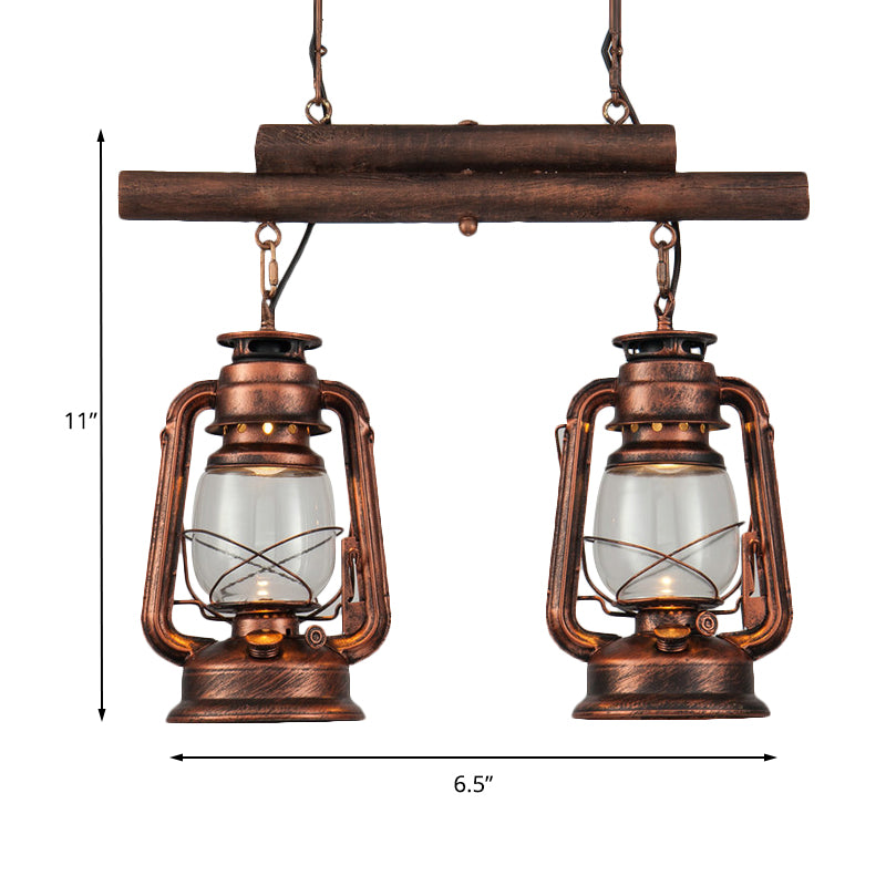 Bronze/Copper Lantern Island Light Fixture Coastal Clear Glass 2-Bulb Kitchen Hanging Lamp