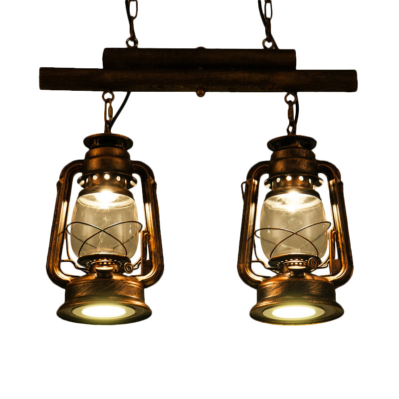 Bronze/Copper Lantern Island Light Fixture Coastal Clear Glass 2-Bulb Kitchen Hanging Lamp