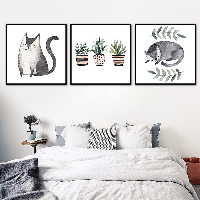 Childrens Art Cat Canvas Print White Botanical Wall Decor for Kids Bedroom, Textured